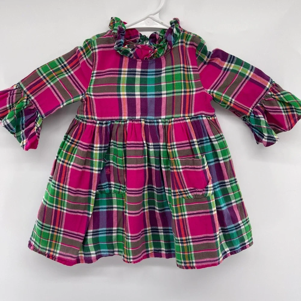 Ralph Lauren Girls Plaid Ruffle Dress Long Sleeve Pink‎ Green 12M